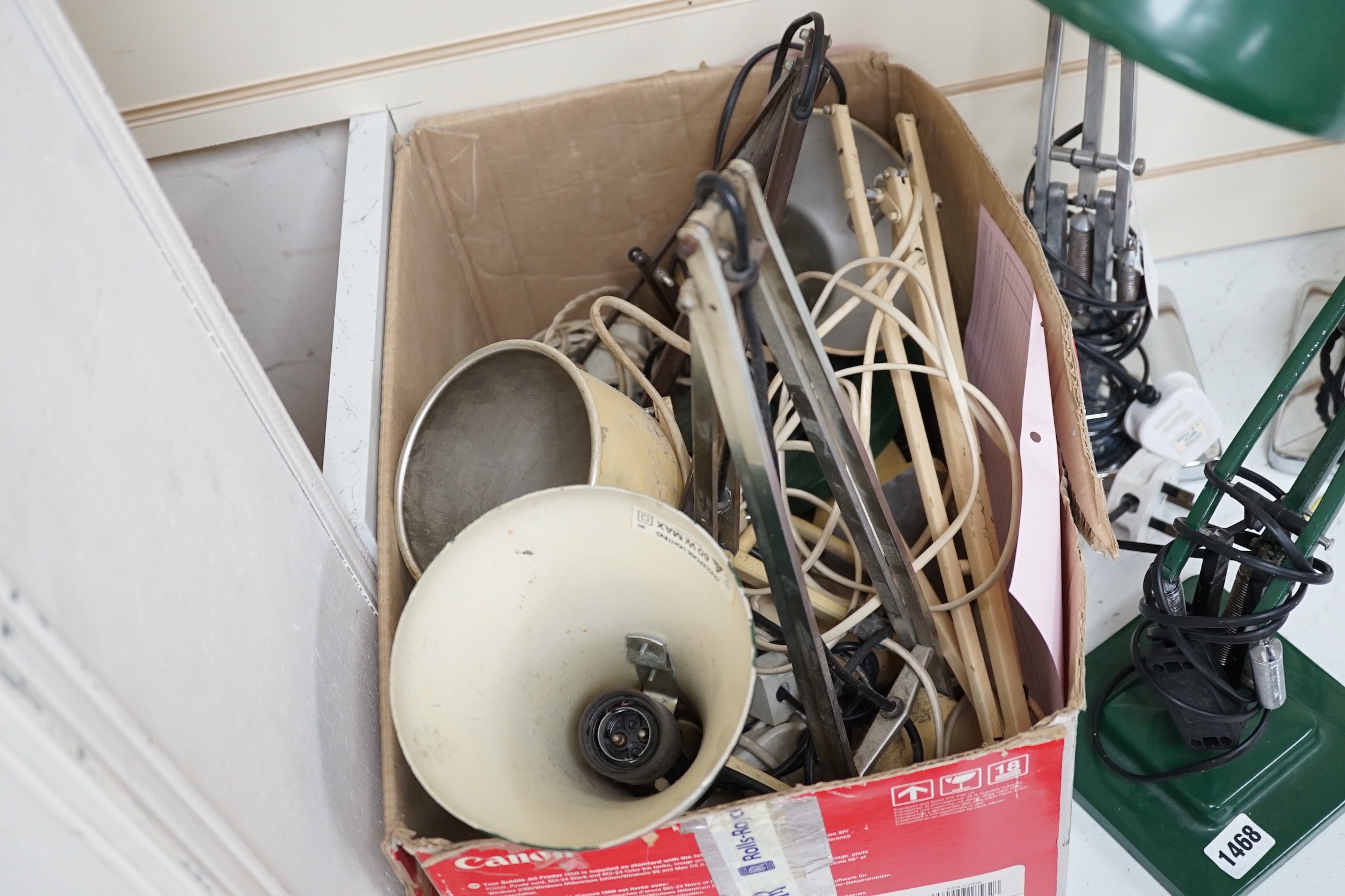 Three anglepoise lamps, together with a box of repairs